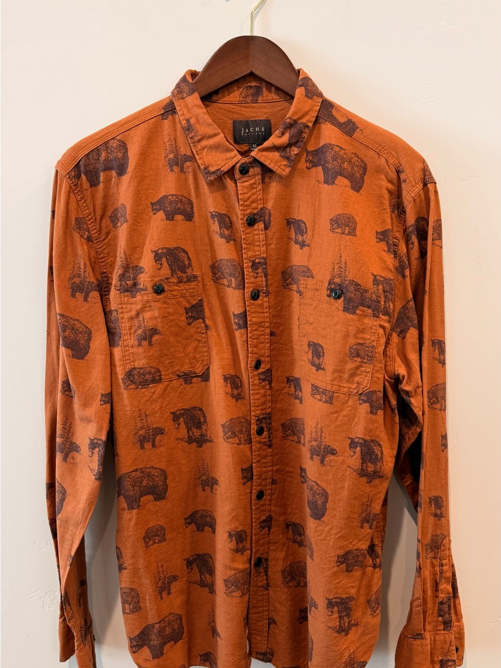 JACHS New York Bear Print Button Down Shirt Rust Orange Men’s M